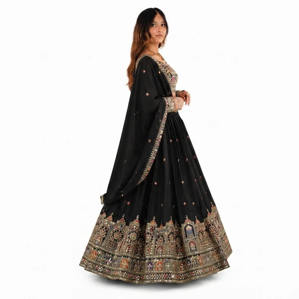 French Crepe Multi Thread Embroidery Lehenga Choli