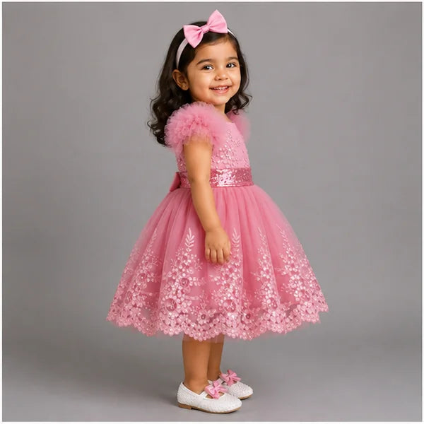 Baby Girls 3pc Floral Layered Party Dress with Headband & Shoes (6-24M)