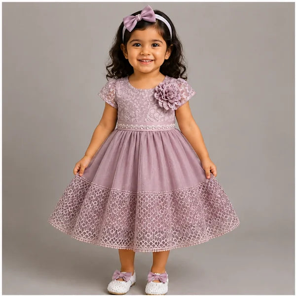 Baby Girls 3pc Floral Layered Party Dress with Headband & Shoes (6-24M)