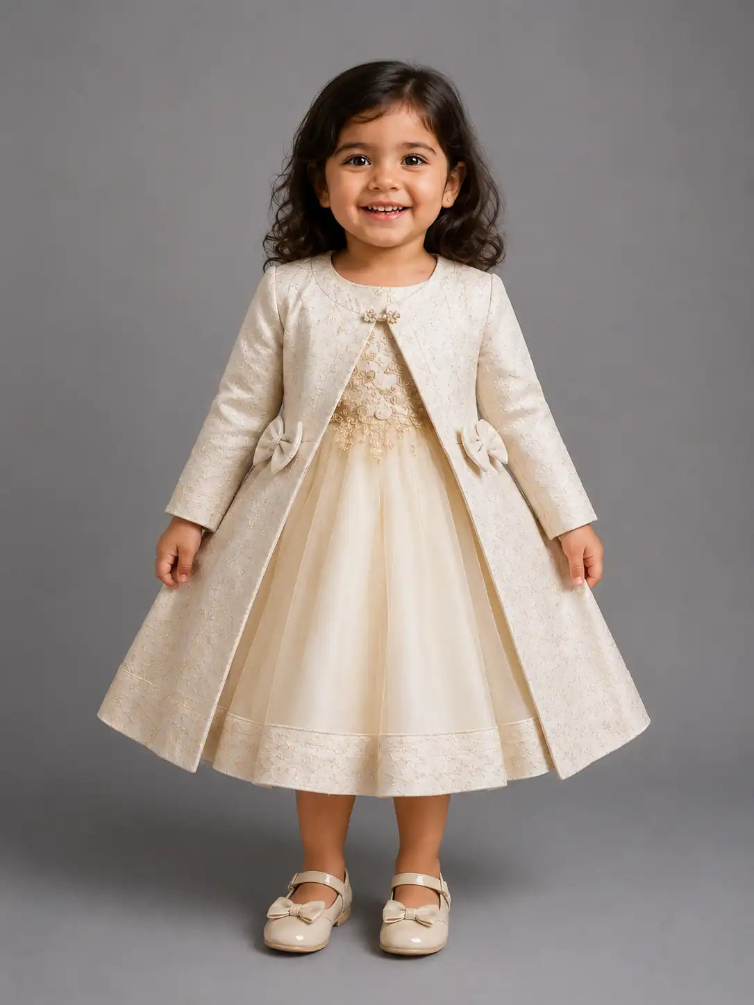 Girls Two Piece Floral Bow Jacquard Long Jacket & Party Dress Set