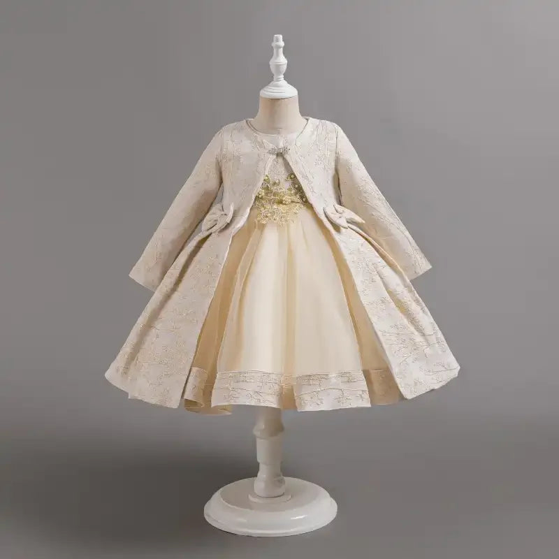 Girls Two Piece Floral Bow Jacquard Long Jacket & Party Dress Set