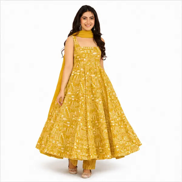 Women’s Muslin Kurta Set with Bottom & Dupatta – Digital Print