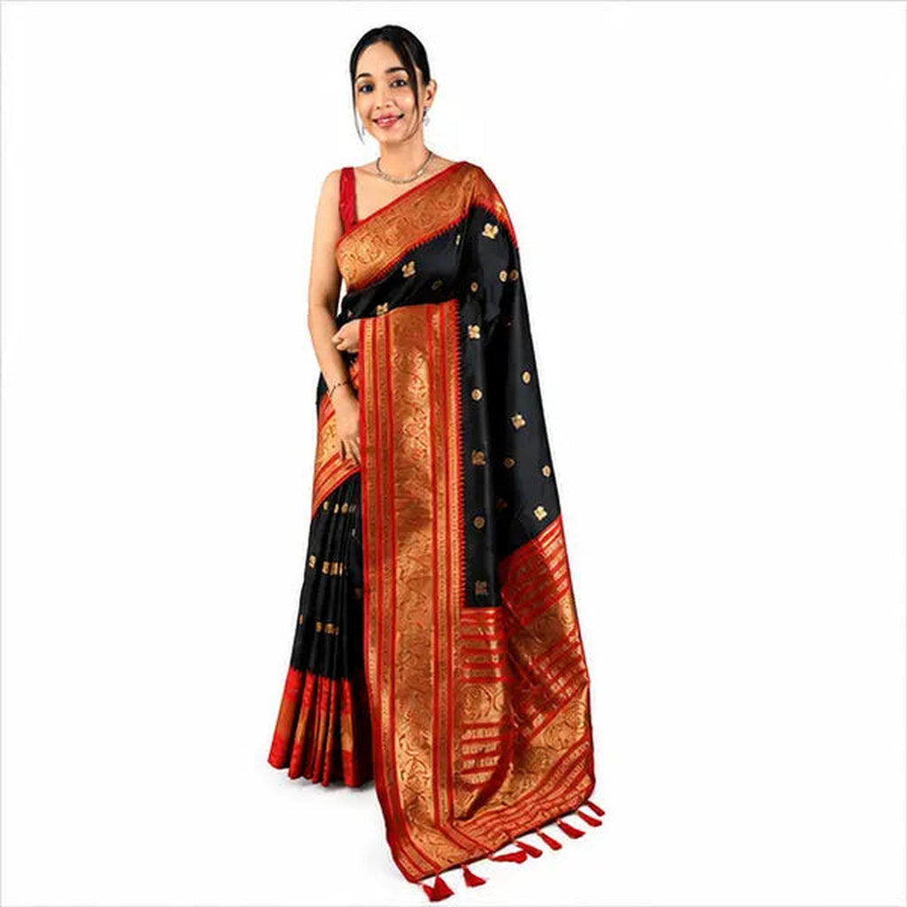 Premium Soft Silk Saree mit Zari-Bordüre – Indischer Damen Saree Black