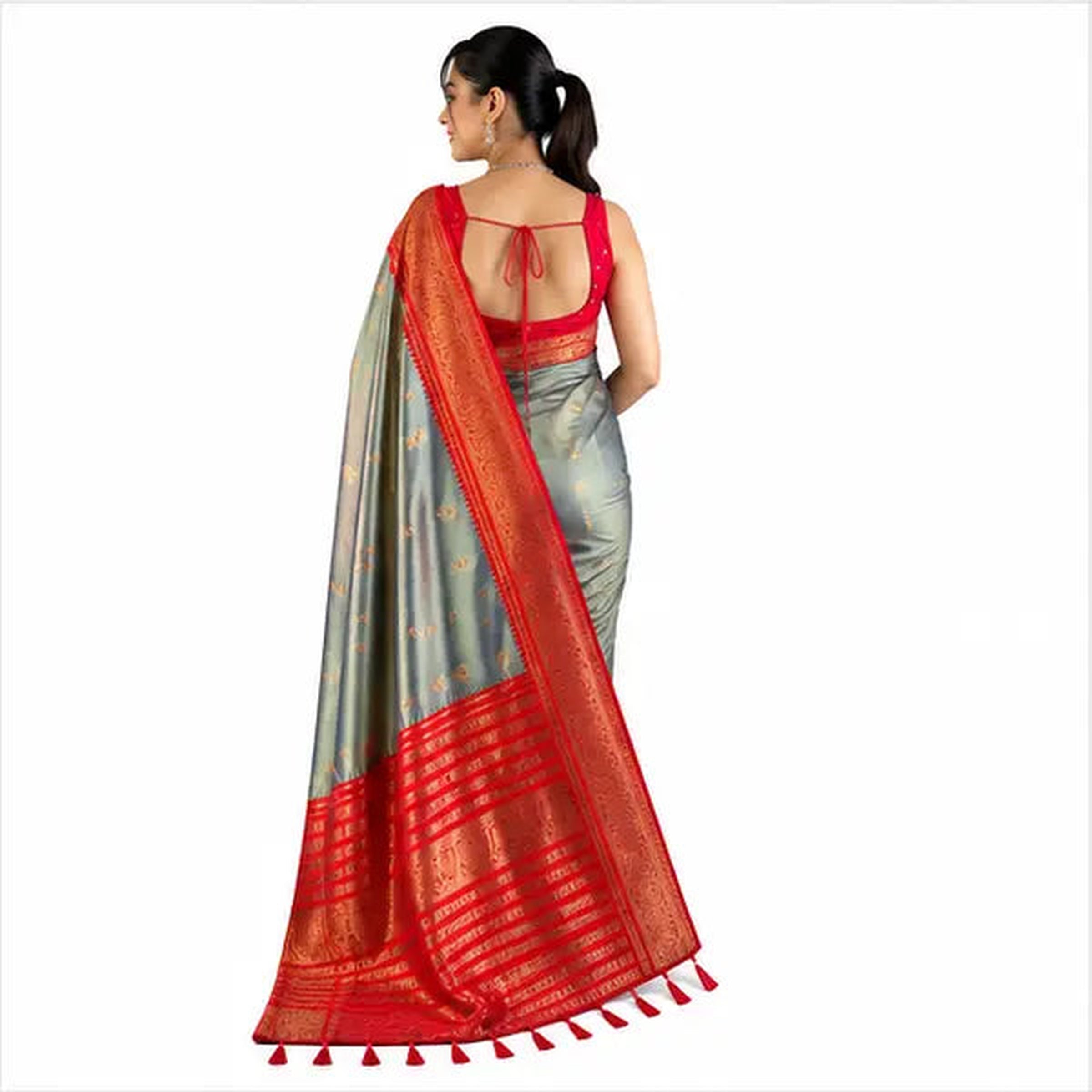 Premium Soft Silk Saree mit Zari-Bordüre – Indischer Damen Saree  Grey