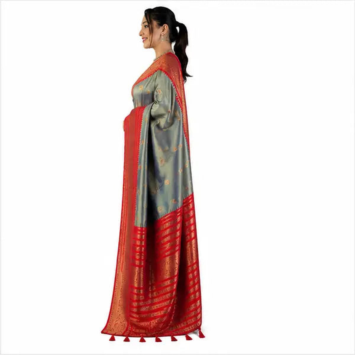 Premium Soft Silk Saree mit Zari-Bordüre – Indischer Damen Saree  Grey