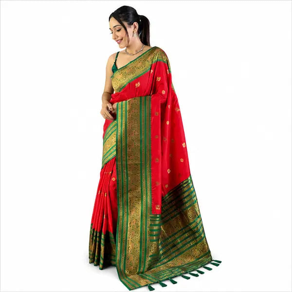 Premium Soft Silk Saree mit Zari-Bordüre – Indischer Damen Saree red