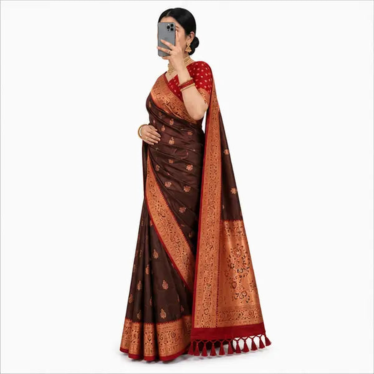 Soft Paithani Silk Saree mit Rich Zari – Indischer Damen Saree brown