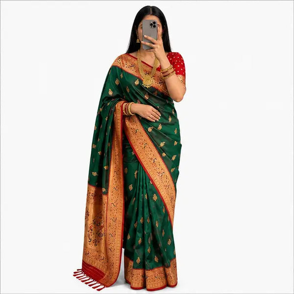 Soft Paithani Silk Saree mit Rich Zari – Indischer Damen Saree green