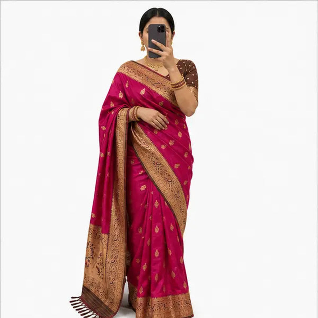 Soft Paithani Silk Saree mit Rich Zari – Indischer Damen Saree orange red