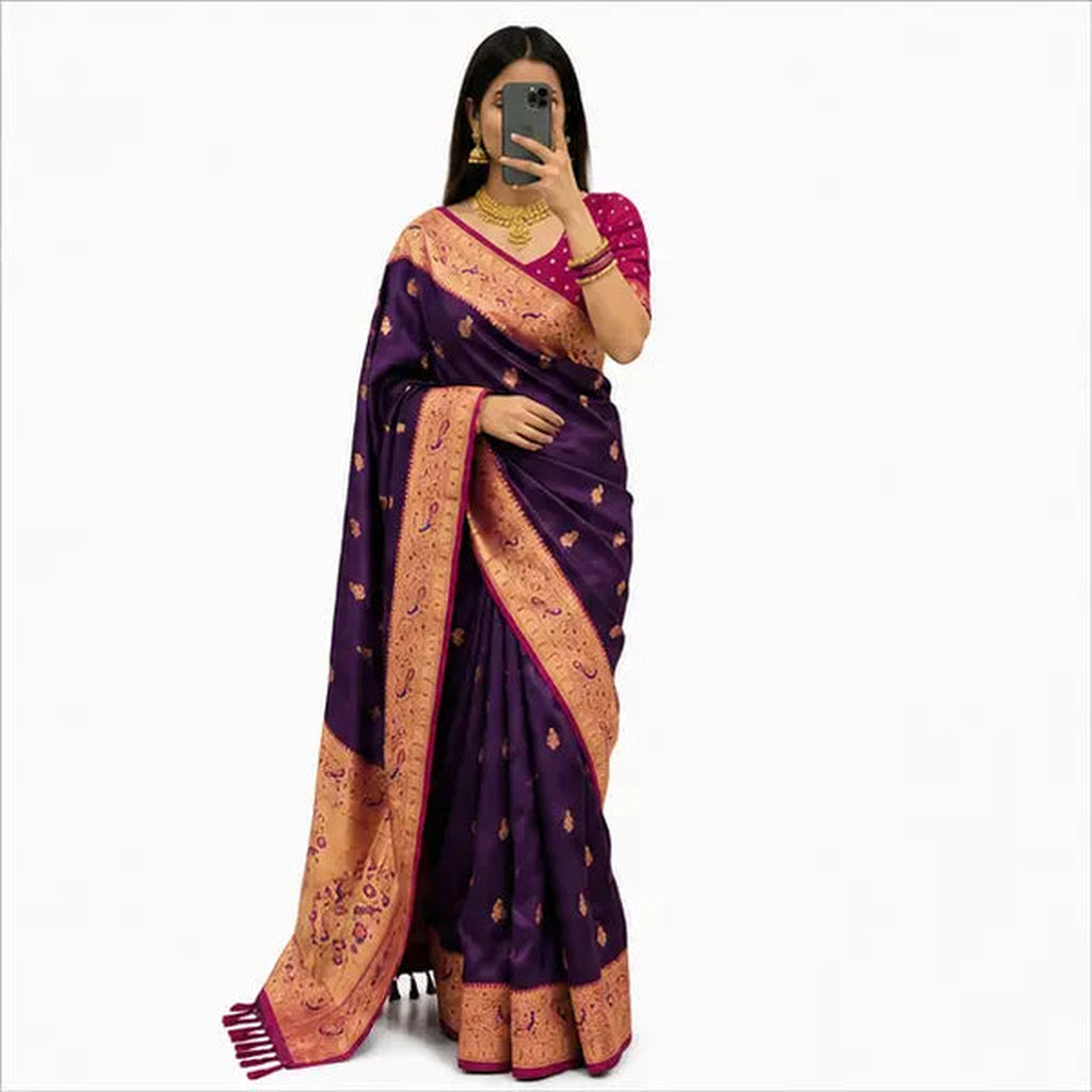 Soft Paithani Silk Saree mit Rich Zari – Indischer Damen Saree orange red purple