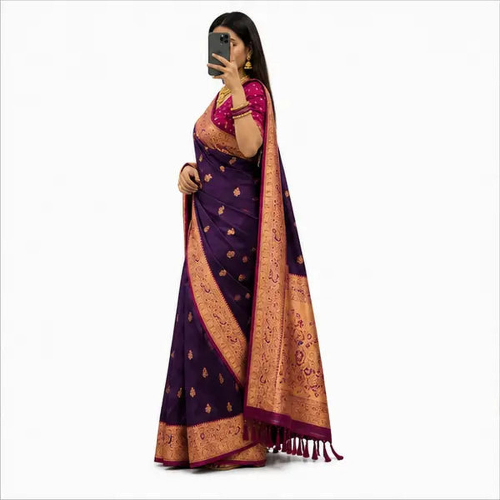 Soft Paithani Silk Saree mit Rich Zari – Indischer Damen Saree orange red purple