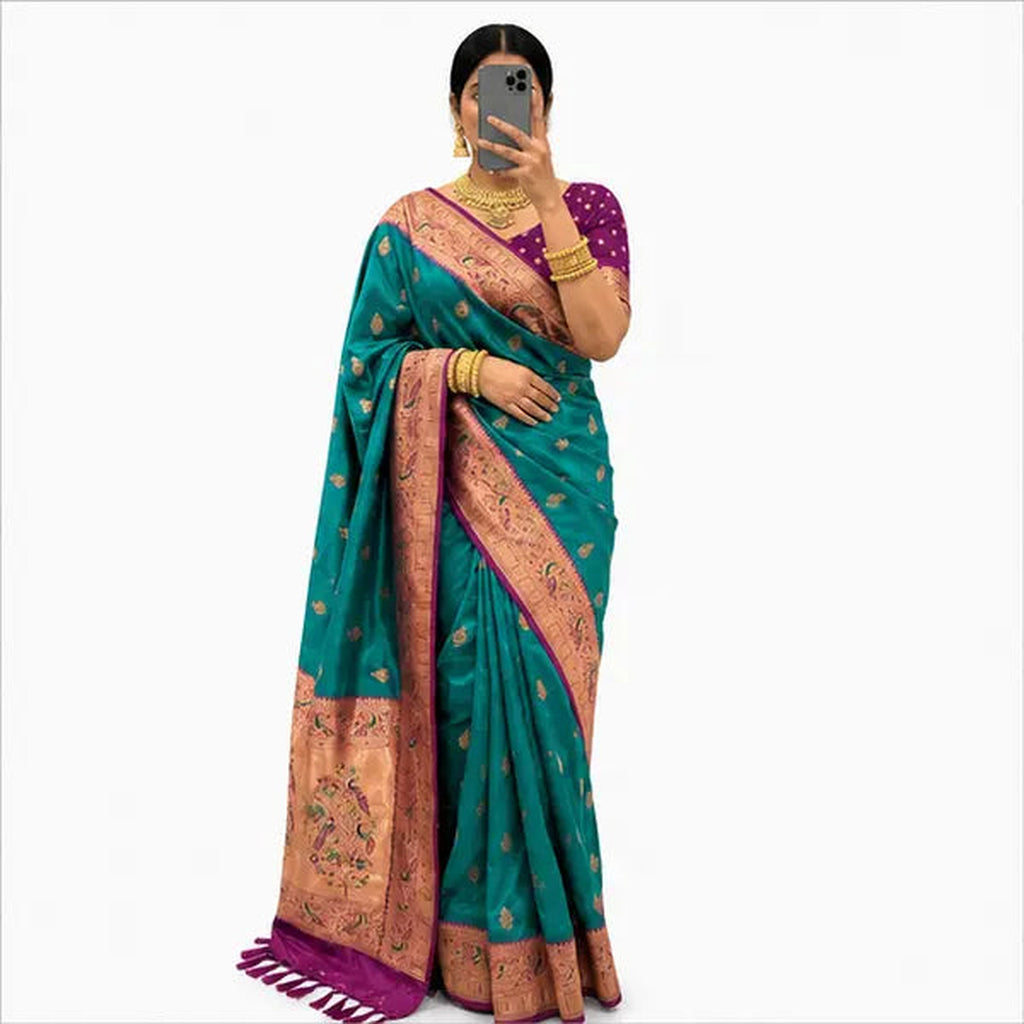 Soft Paithani Silk Saree mit Rich Zari – Indischer Damen Saree purple green