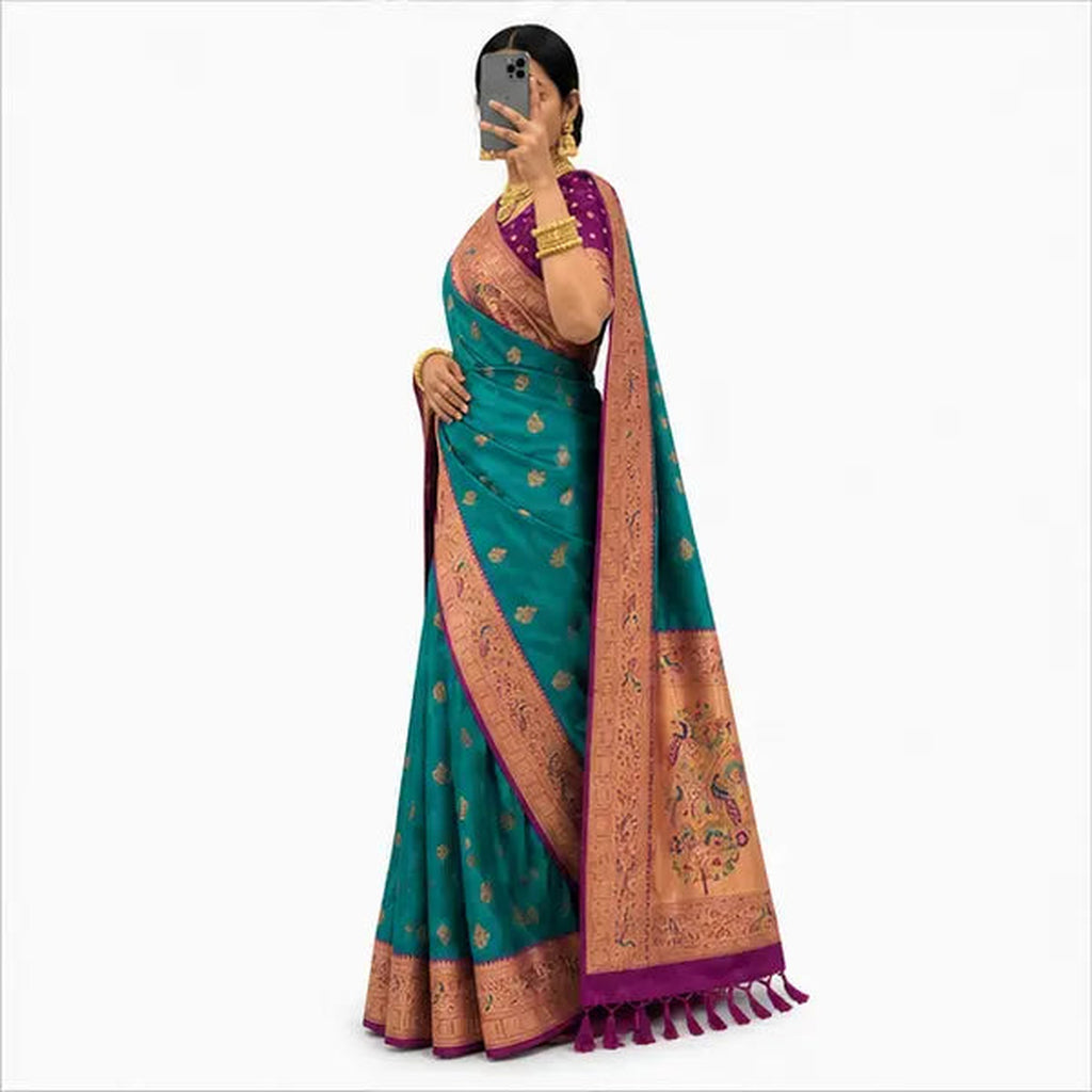 Soft Paithani Silk Saree mit Rich Zari – Indischer Damen Saree purple green