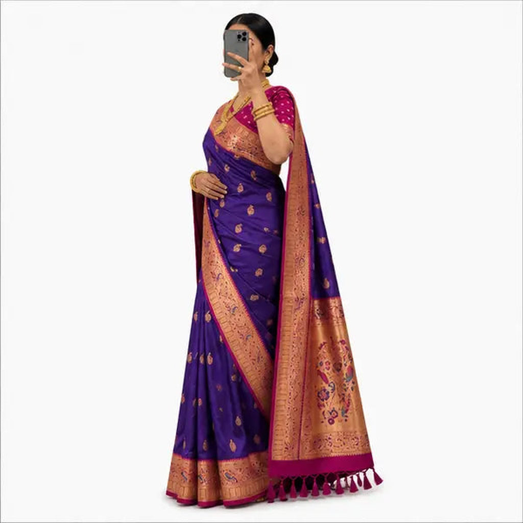 Soft Paithani Silk Saree mit Rich Zari – Indischer Damen Saree purple